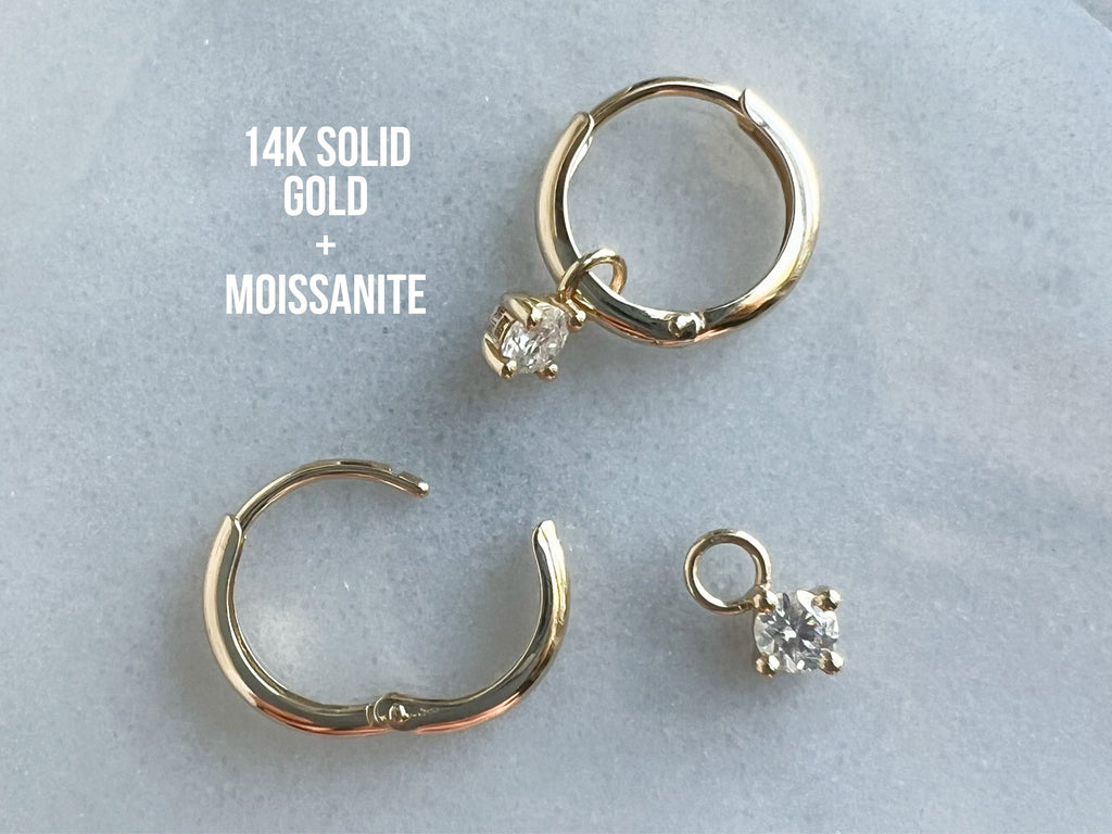 14k Solid Gold Huggie Hoops with Removable Moissanite Charms