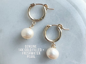 14k Gold Filled Freshwater Pearl Dangle Hoops